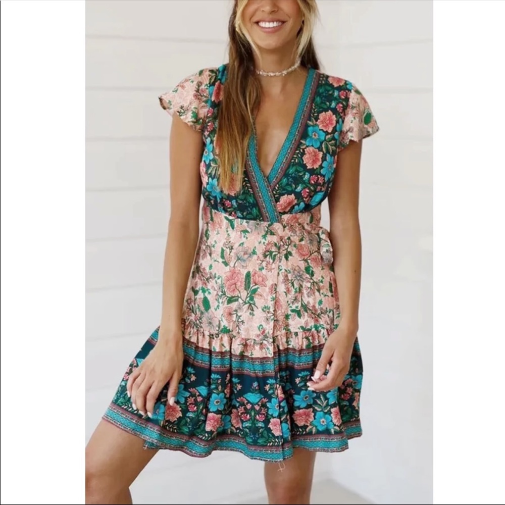 Boho Floral Gypsy Print 70’s Wrap Dress Cream Blue - Picture 4 of 10